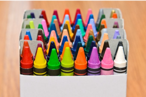 Box of colorful crayons