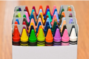 Box of colorful crayons