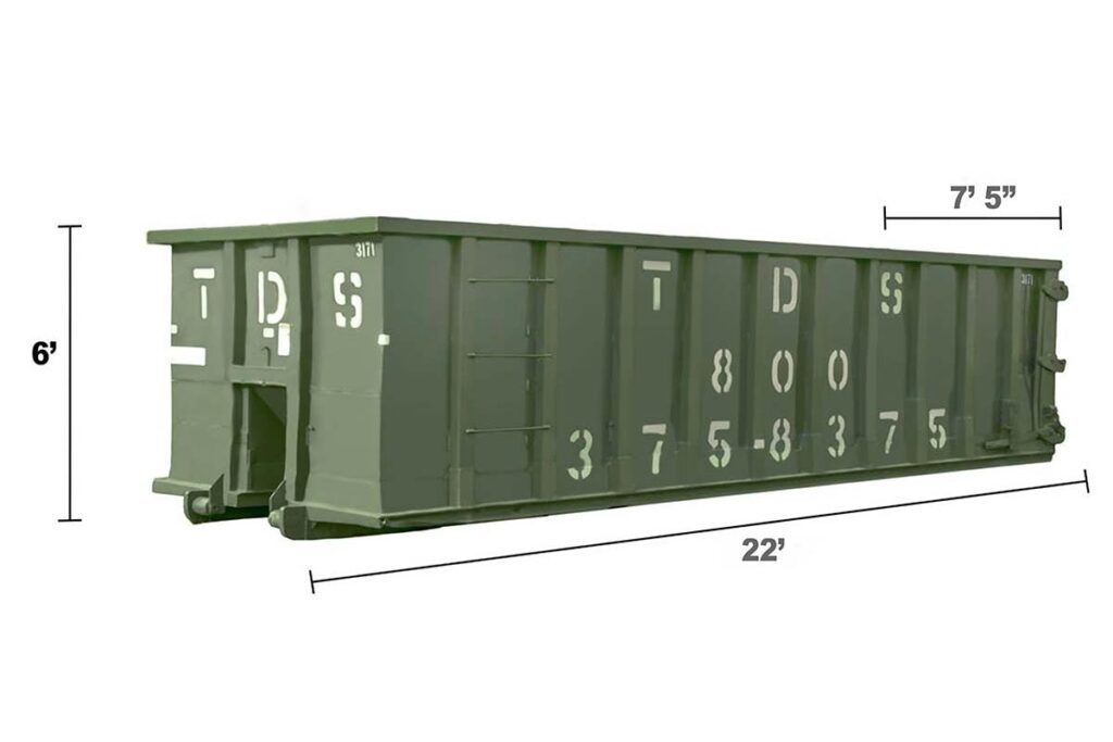 Green 30 Yard TDS Roll Off Dumpster with dimensions
