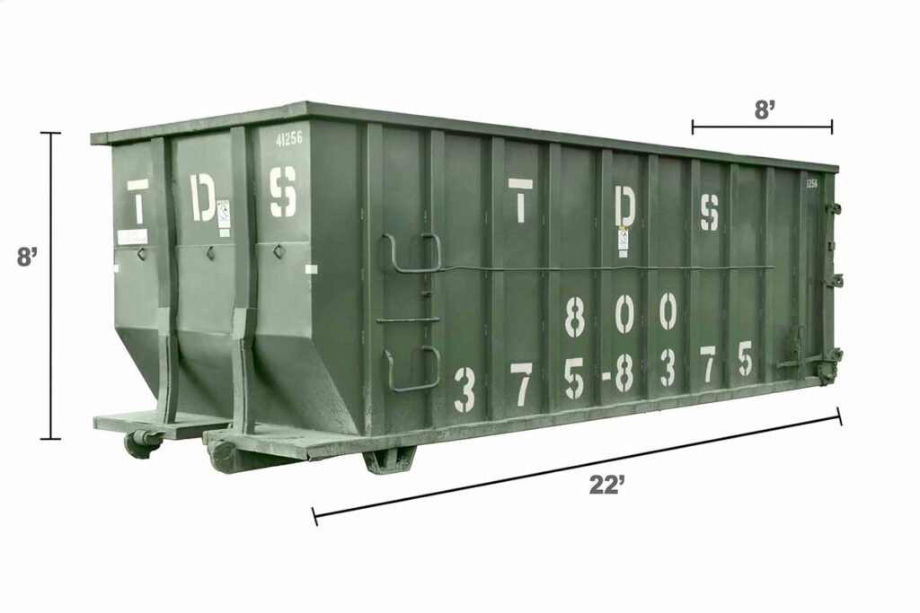 Green 40 Yard TDS Roll Off Dumpster with dimensions