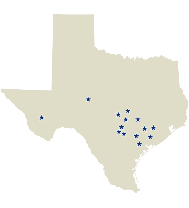 Map of Texas with multiple stars pointing out individual cities.
