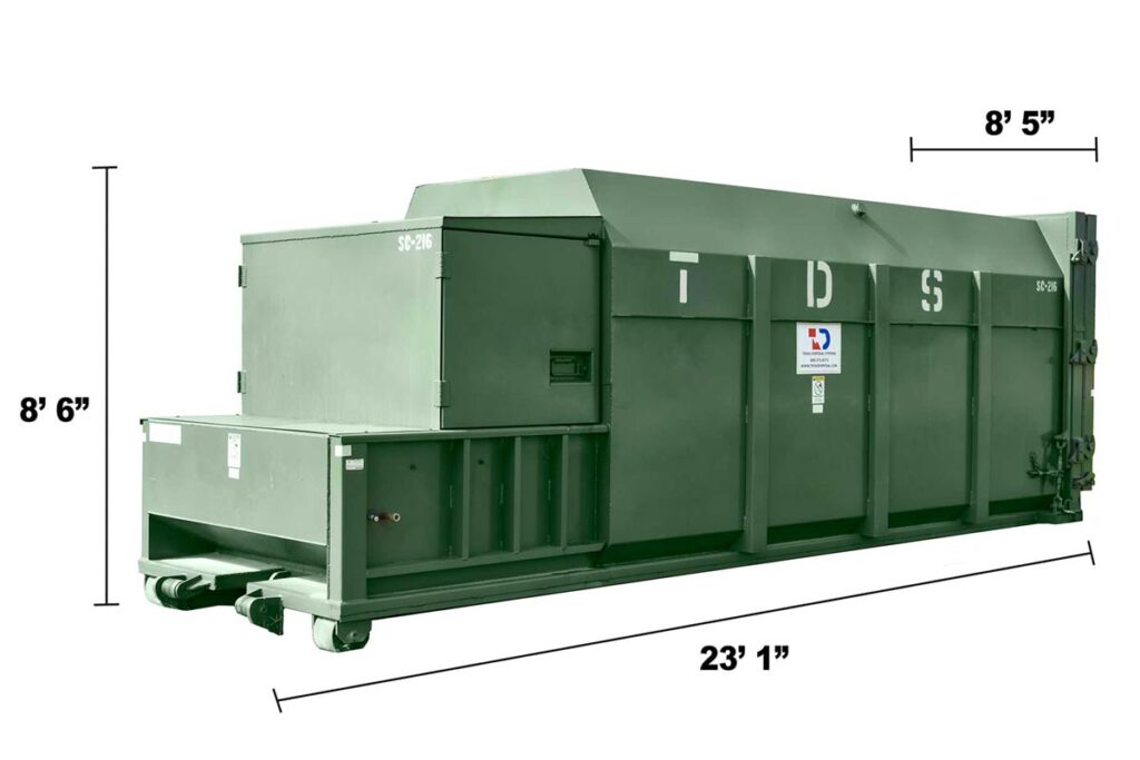 Green TDS compactor roll off dumpster with dimensions