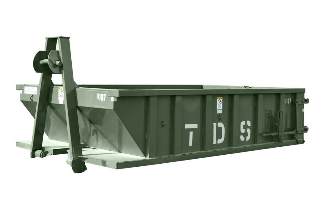 Green TDS compactor roll off dumpster with dimensions