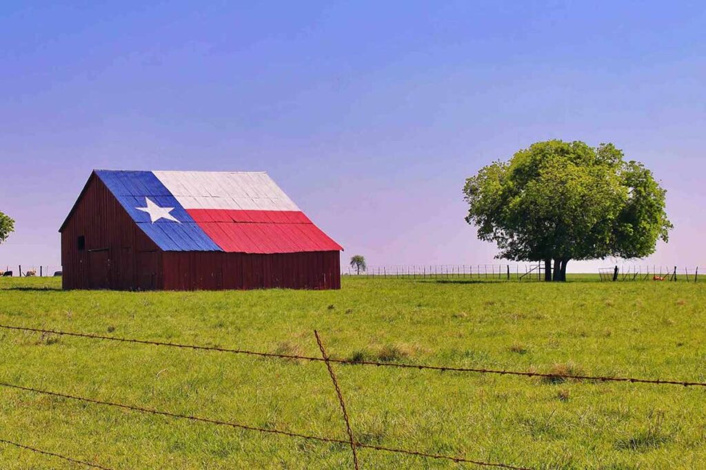 Ren barn with Texas flag painted on roof in a green field