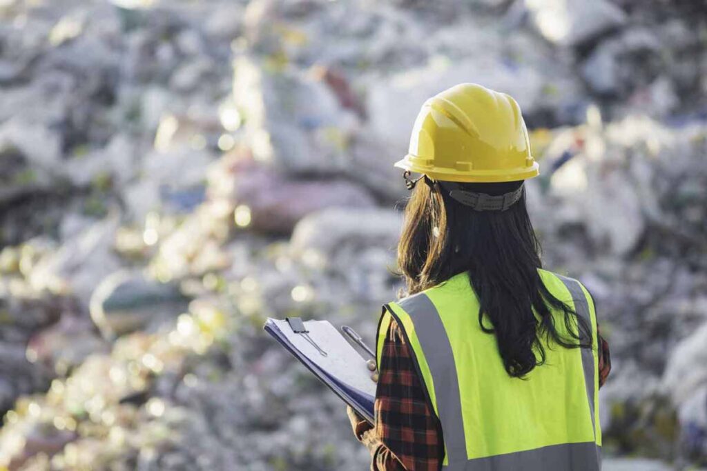 TDS woman employee with clipboard looking at a job site