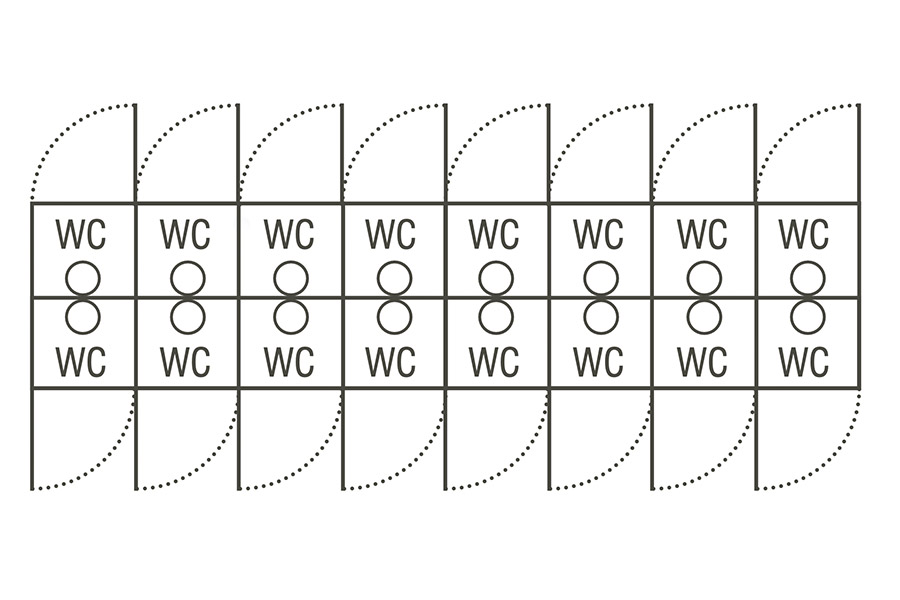An aerial blueprint displaying the layout of the 16 toilet unit